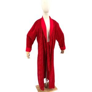 Vintage 80s Handmade Red Paisley Velvet Robe Dressing Gown